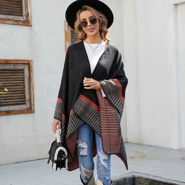 Naisten Lämmin Avoin Etuosa Shaalit Ja Huivit Elegantti Neuletakki Poncho Cape Takki Black and orange
