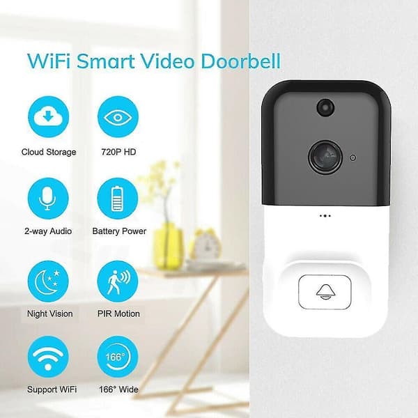 Trådløs Smart Wifi Dørklokke Kamera Video Dør Intercom Hvid