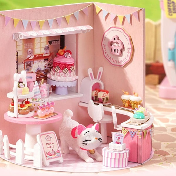 3D-nukkekoti DIY-miniatyyri puukalusteilla, mini-LED-puunukkekoti