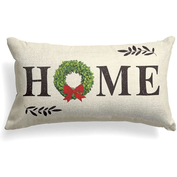 Boxwood Wreath Throw Pillow Cover Home Quote, 12 X 20 Inch Winter Holiday Farmhouse Cushio