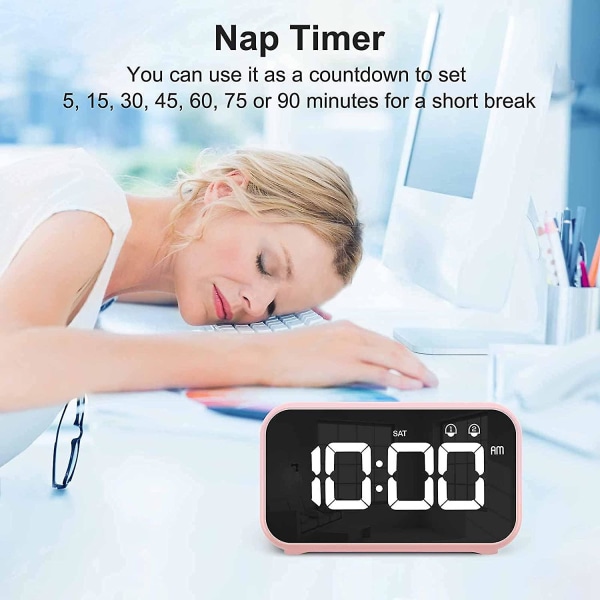 Digital klokke med lur-timer, snooze, batteridrevet og USB-lading med to alarmer