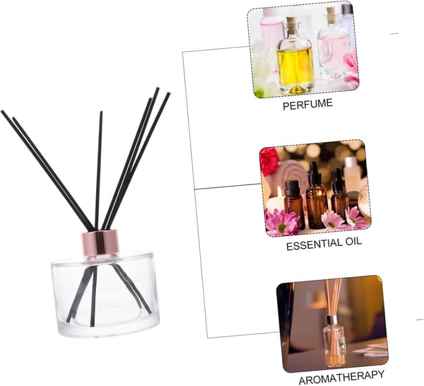 Glas Aromaterapi Flaske Rør Diffuser Sæt 200ml med 6 Sorte Rattanpinde og Guldlåg