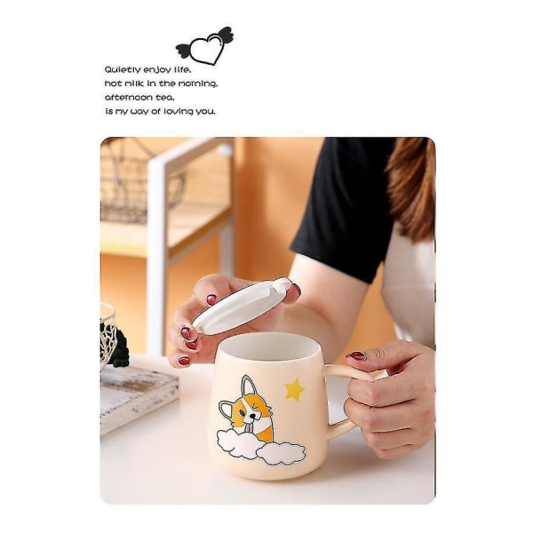 Cartoon Pattern Corgi Keramisk Kaffemugg Lock Sked Gul