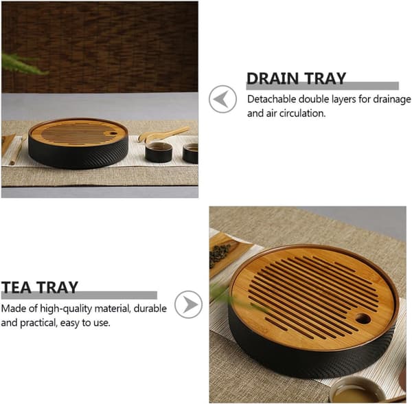 Dubbla lager rund avloppsbricka Bambu och keramisk tebricka Praktisk dränering av vatten för hemmabruk