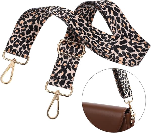 Axelrem med leopardmönster, justerbar, 3,8 cm bred, med metallkrok