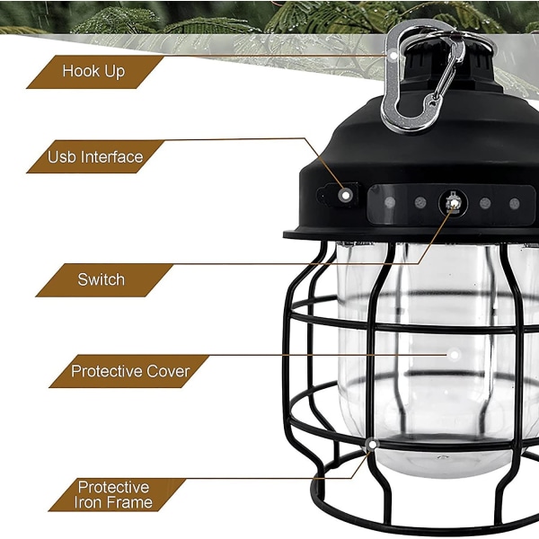 Uppladdningsbar campinglampa, 3 ljusstyrkor utomhuscampinglampa, led retrolykta Vattentät bärbar, lämplig för power för vandring