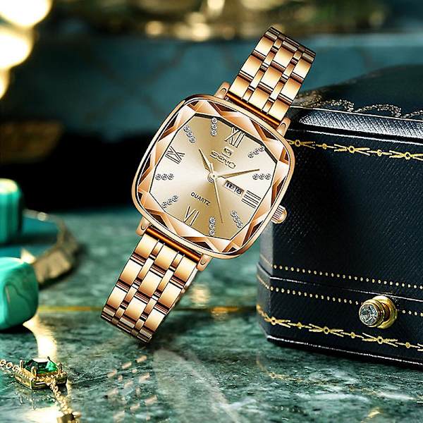Retro Pieni Neliömäinen Kellon Neliö Teräs Ranneke Naisten Kellon Muoti Kaksoiskalenteri Kvartsikello Elegant gold