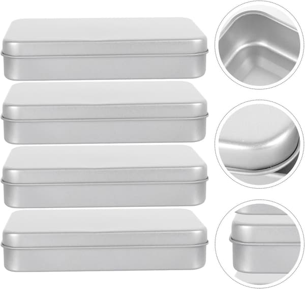 4 st rektangulära förvaringslådor i plåt, silverfärgade metallorganisatörburkar