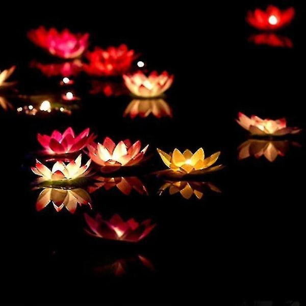 Pakke med 10 flerfargede Lotus-lykter i silkelys med flytende lys