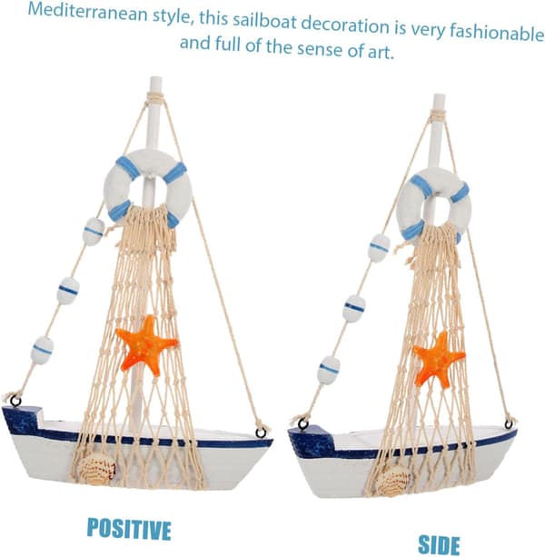 Middelhavsstil Treseilbåtmodell 23cm Blå Hvit Nautisk Hjemmeinnredning