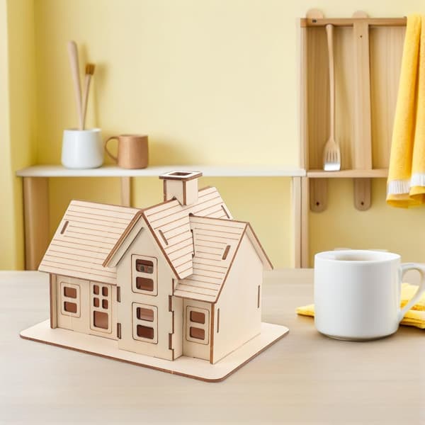2 uppsättningar DIY trä 3D-pussel husmodellkit, omålad trästuga monteringshantverk