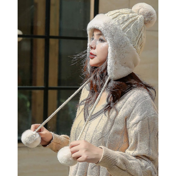 Peruansk mössa med öronlapp för kvinnor Stickad Pom Winter Snow Ski Hat med Fleecefodrad C-yuhao