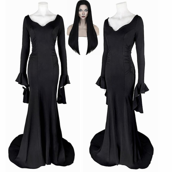 Addams Family Wednesday Morticia Addams Kostym Peruk Vuxen Kvinna Punk Gotisk Snörning Klänning 130 Dress only