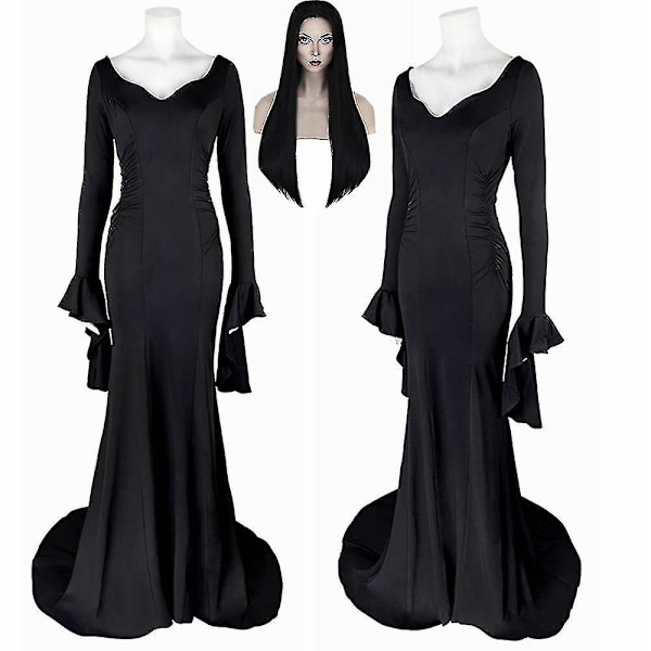 Addams Family Wednesday Morticia Addams Kostym Peruk Vuxen Kvinna Punk Gotisk Snörning Klänning XS Wig only