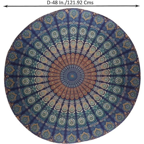 Lille Rundt Vægtæppe - Ren Bomuld Strand Rundtæppe Dug Til Picnic Og Camping - Blå - 121cm