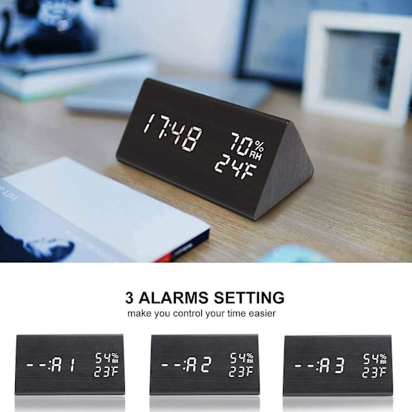 Digital vækkeur med trædesign og LED-display, 3 alarmindstillinger