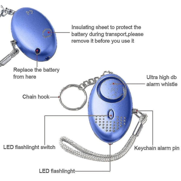 5 Pack 140db henkilökohtainen turvahälytin avaimenperä LED-valolla, henkilökohtainen hälytin