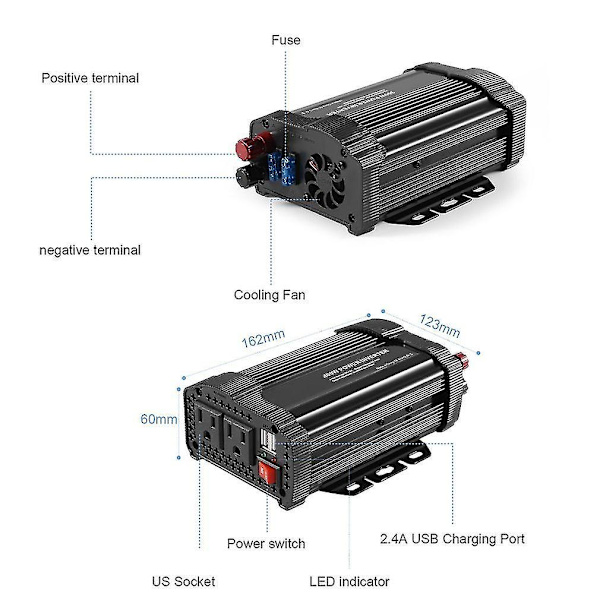 P500c 500W Bilstrømsomformer DC12V AC110V Solcellelader