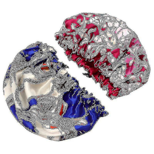 2-pack Dubbellagers Satin Sovhatt Natt med Justerbar Spänne för Kvinnor (1 st Safir, 1 st Claret-röd)-mxbc