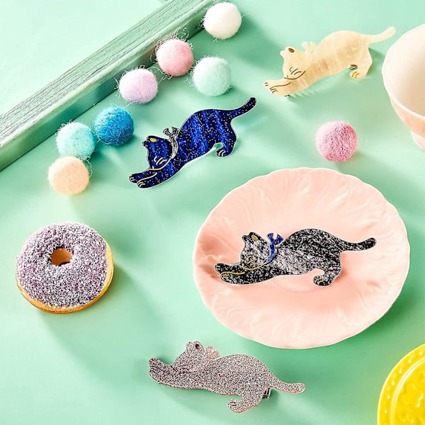 4 stycken harpklämmor i resin med kattmotiv, katt-hårklämma, katt-hårspännen, katt-andnäbb-hårklämmor
