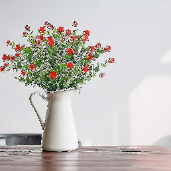 4 Stykker Kunstige Planter, Kunstige Falske Blomster Plastik Grønt Buske Til Indendørs Og Udendørs, Kontor, Have, Rød