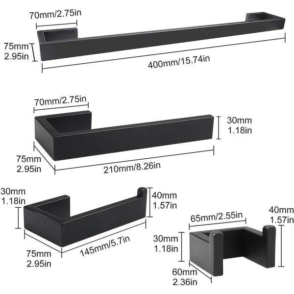 40cm Handduksstång + Toapappershållare + 21cm Handduksstång + 4st Handdukskrokar 304 Rostfritt Stål Badrumstillbehör