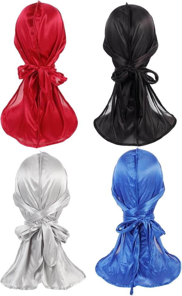 4 stk. silke-durag med lang hale for unisex elastisk omslag silketurbanhatt for hodeplagg og daglig bruk