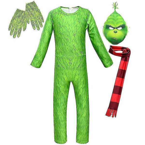 Grinch Kids Costume Fancy Jumpsuit Gloves Scarf Mask Outfit 7-9 Years