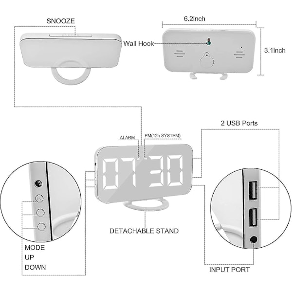 Ny, velegnet digital vækkeur, spejloverflade LED elektroniske ure, med USB-oplader, snooze-model