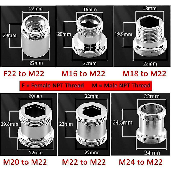 Pakke Messingkranadapter, 22mm NPT Hane til Hane Kranlufterkontakt for Vaskkran Vannrenserlufter (m18 - M22)