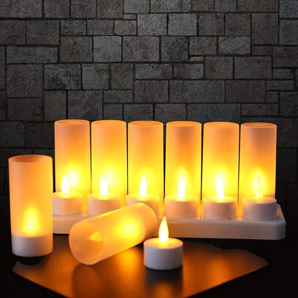 Set av 12 ljus LED uppladdningsbara ljus Elektrisk LED Flame flimmer med laddstation dekoration