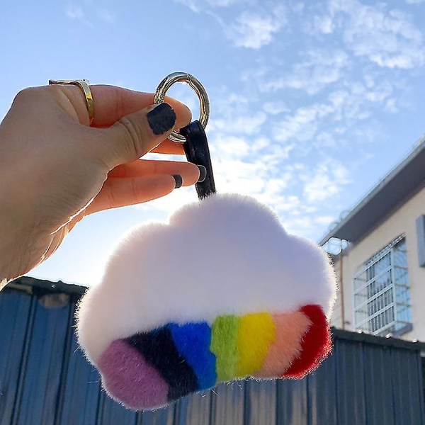 Fluffiga Pompoms Nyckelring Regnbågsmoln Hänge Plysch Nyckelring