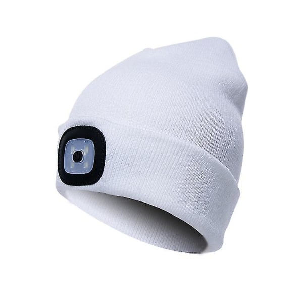 Beanie hat med børnelys, usb genopladelig håndfri led forlygtehætte vinterstrikket natlys hat lommelygte hvid