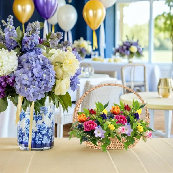 Flettet blomsterkurv i imitert rotting med håndtak, rustikk plast- og jernmateriale