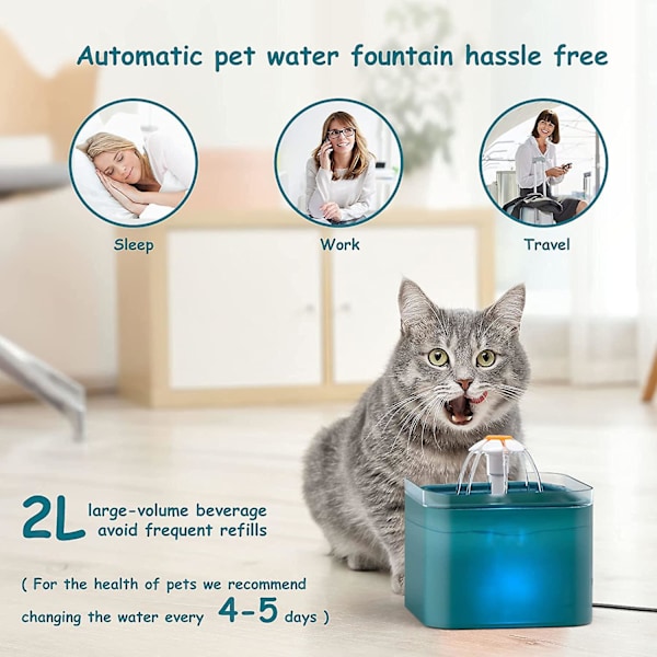 Vattenfontän, Ultraljudstyst Kattvattenbehållare, Kattvattenbehållare Med LED-Ljus, 2L Kattfontän