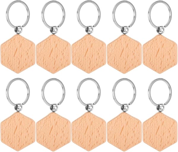 10 stk. sekskantede træ-nøgleringsemner DIY graverbare træ-nøgleringe tomme nøgleholder-tags