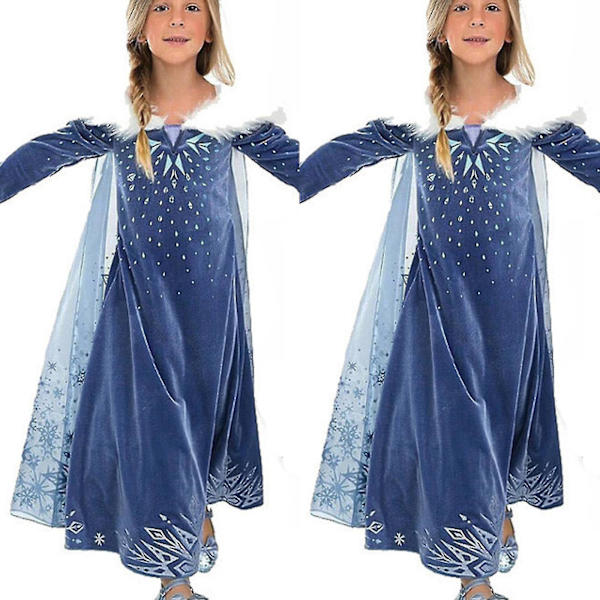 Jente Elsa Kostyme med Kunstig Pels Krage Kappe 4-5 Years