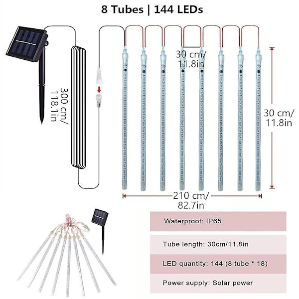 Solcelle Meteor Regn Lys 50cm 8 Rør 288leds