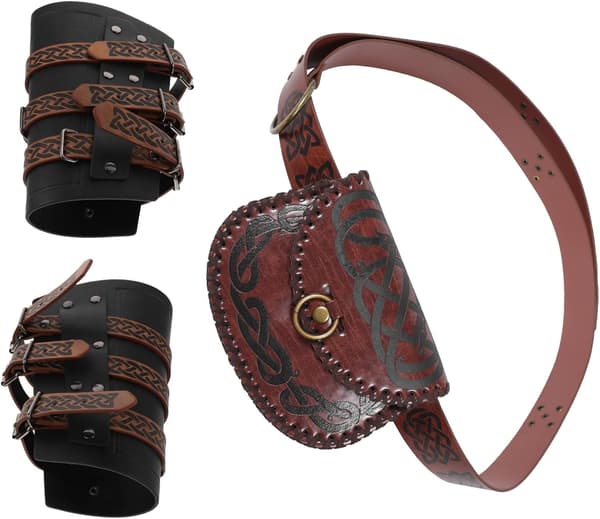 3 st präglade PU-midjeväskor och armskydd i medeltida stil Viking Armor Bracer