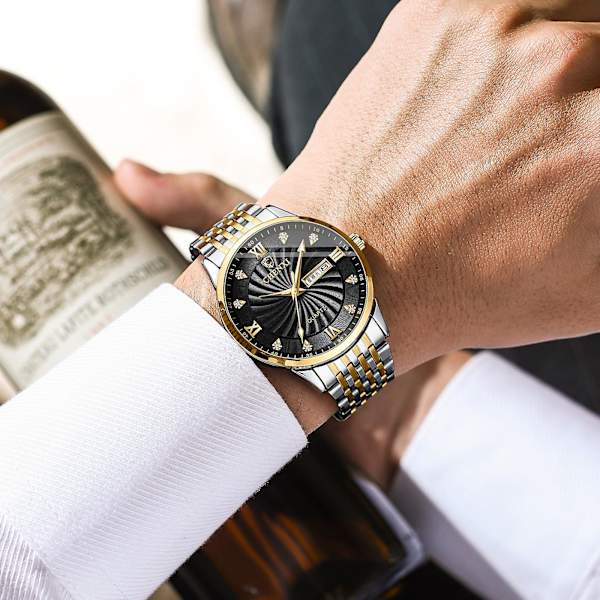 Dobbelt Kalender Ur Par Stålrem Ur Mænds Og Kvinders Kvarts Ur Med Diamant Women's gold face