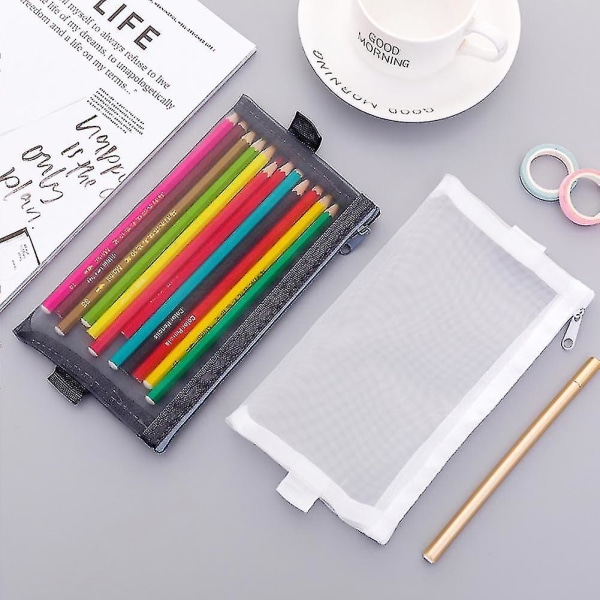 Bærbar Transparent Mesh Blyantspung Pen Etui Opbevaringspung Kontor Skoleforsyning Black Small