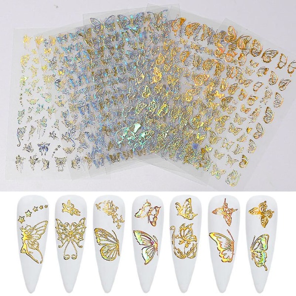 8 Nail Art-klistremerker Forskjellige Laser Gull og Sølv Butterfly Shape Nail Art-dekorasjoner