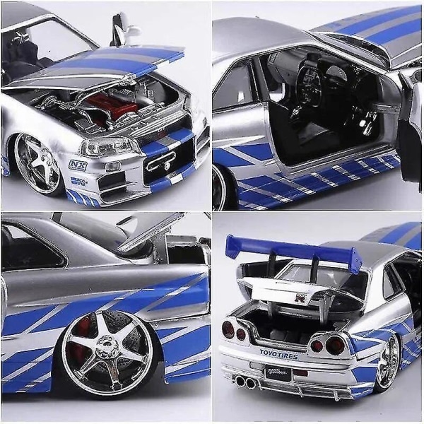 Ny 1:24 Nissan GTR R34 Skyline Ares Leksaksmodellbil i Metall Diecast Leksaksfordon Miniatyrmodellbil Leksaker för Barn Silver