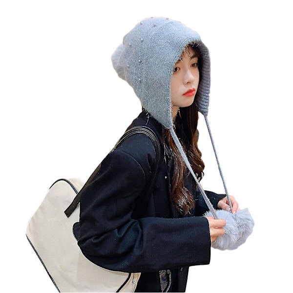 Varm Pompom-hatt med pärlor Stickad Hatt Vinter Öron Skyddande Hatt Virkad Mössa Gray