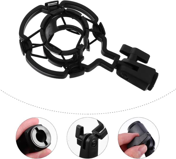 Universal mikrofonholder i plast, vibrationsdæmpende ophæng, sort, isolerer vibrationer, reducerer støj