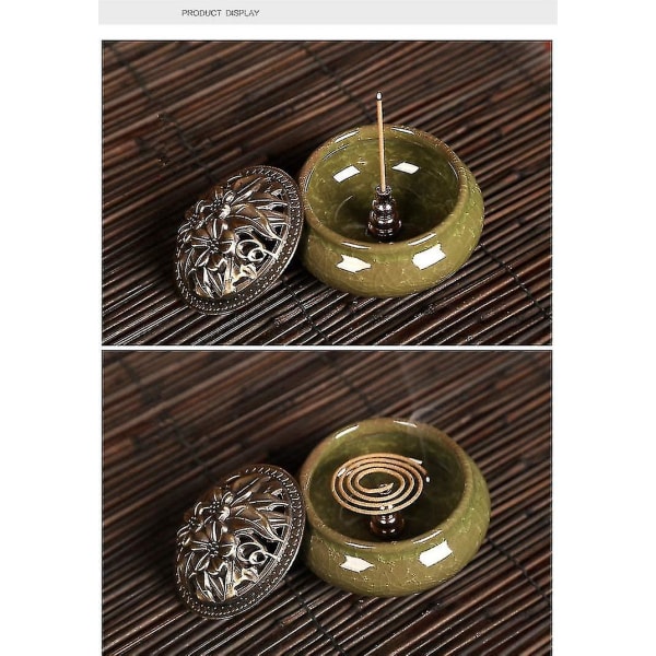 Keramisk Røgelsebrænder, Klassisk Stil Med Messing Calabash Røgelseholder Og Metal Låg (c)