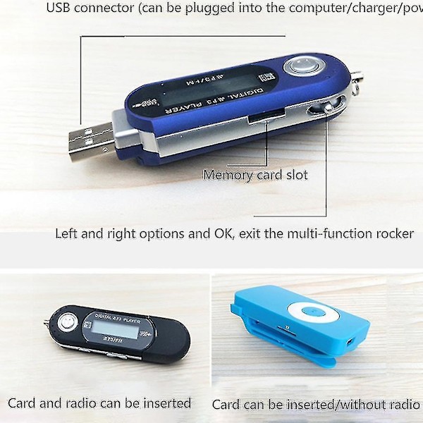 USB MP3-afspiller, bærbar musikafspiller, digital LCD-skærm, 8 GB lagerplads, FM-radio