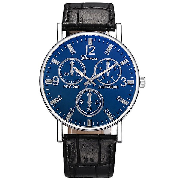Kvartsur Classic Fashion Mænds Læderrem Ur Tre-øjne Blåt Lys Ur Til Mænd Silver case white plate black belt