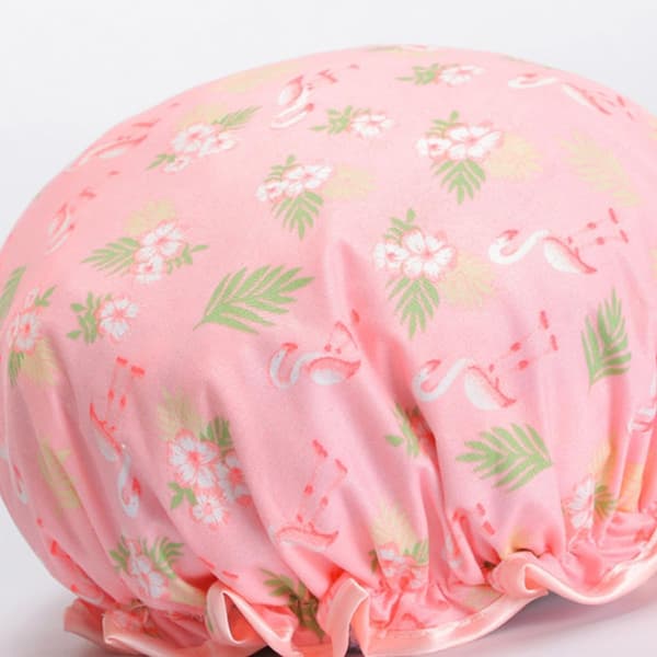 Vanntett dobbeltlags dusjhette for kvinner, badehette med elastisk bånd, rosa flamingo-trykk