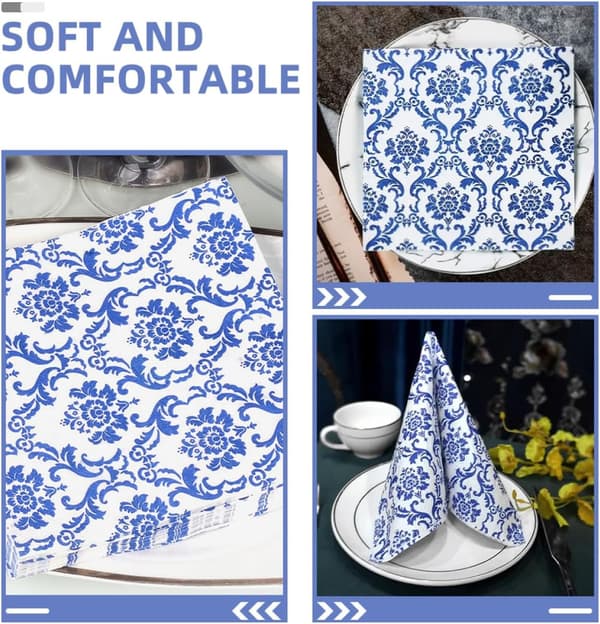 Servietter Dekorative Trykte Design Papirservietter Blå Blomster 100 Ark og Engangs